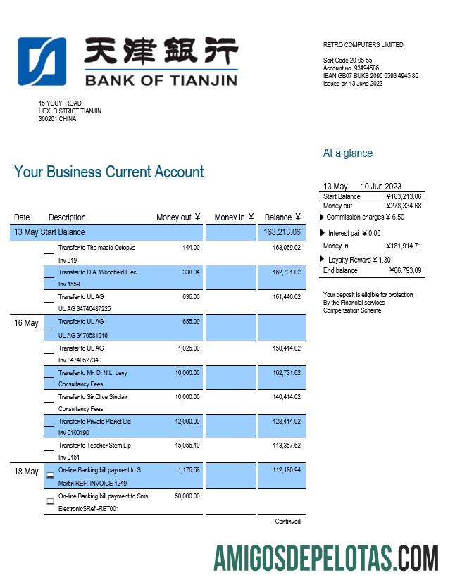 Baixável Bank Of Tianjin Business Statement Modelo Word e PDF